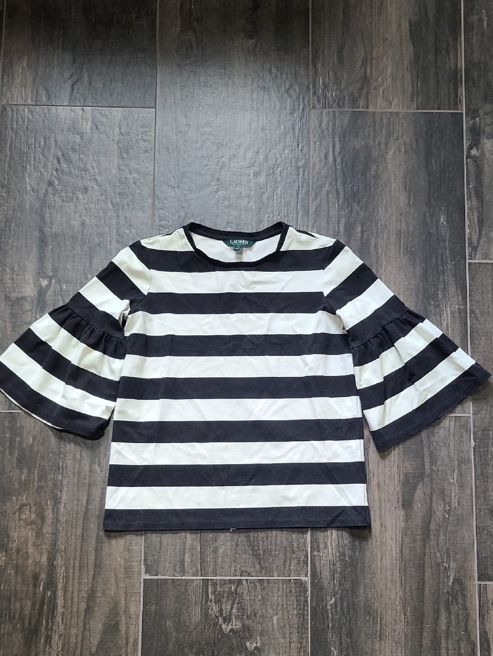 Ralph Lauren Girls Black and White Striped Bell Sleeve Tee